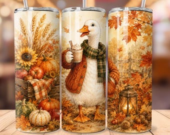 Fall Goose Tumbler Wrap, Cozy Autumn Duck Pumpkin and Coffee Design, 20oz Skinny Sublimation PNG