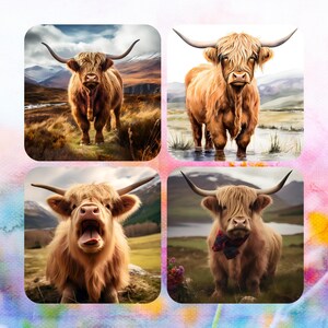 May include: A collage of four images featuring Highland cows in various poses. The cows have long, shaggy, light brown fur, large horns, and are set against scenic outdoor backgrounds with mountains and water.