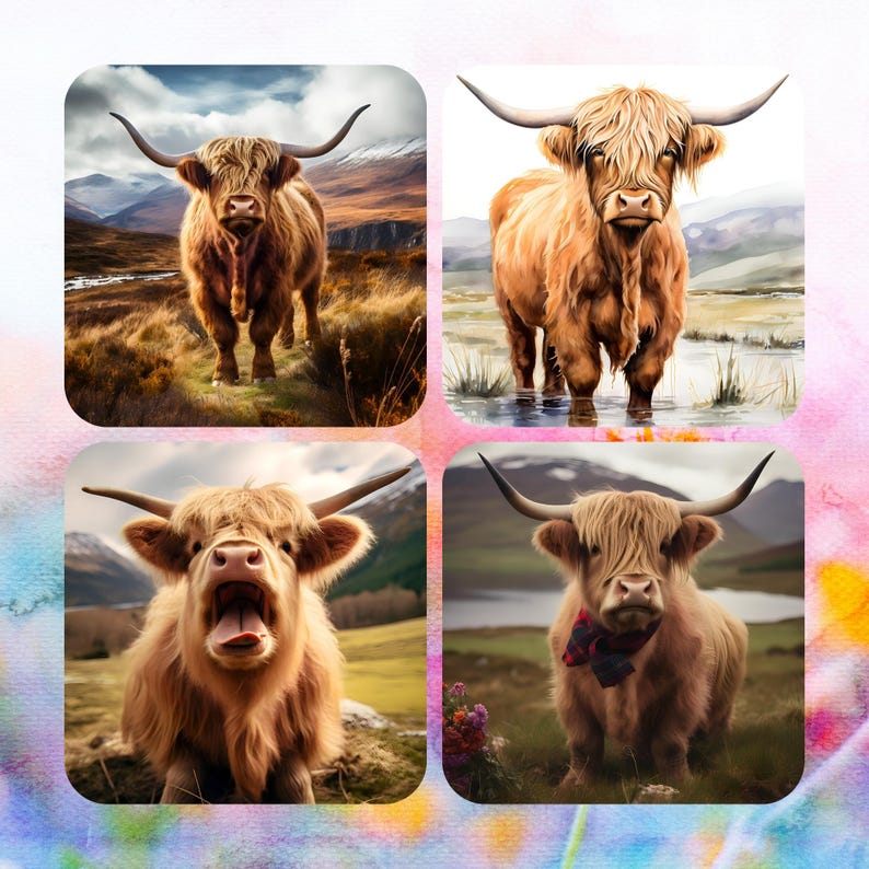 May include: A collage of four images featuring Highland cows in various poses. The cows have long, shaggy, light brown fur, large horns, and are set against scenic outdoor backgrounds with mountains and water.
