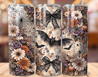 Gothic Halloween Tumbler Wrap PNG, Floral Bat 20oz Skinny Tumbler Design, Dark Boho Halloween Sublimation Digital Download