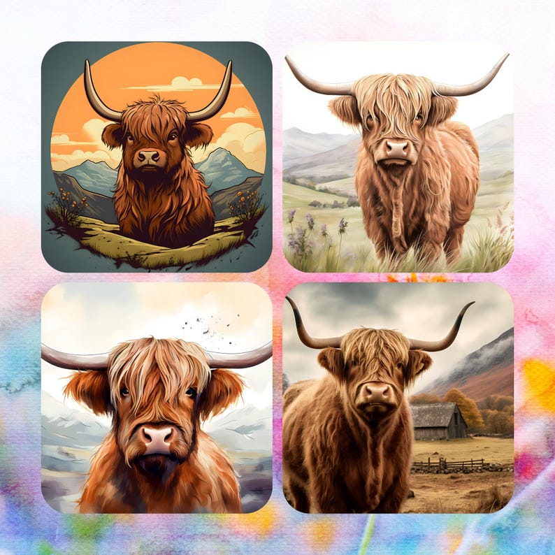 May include: Four square images of Highland cows. Each image features a brown cow with long horns and shaggy fur. The backgrounds vary, including landscapes with mountains, fields, and a sunset.