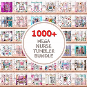 Puede incluir: Una colección digital de más de 1000 diseños de vasos con temática de enfermería que presenta varios patrones coloridos, ilustraciones médicas y tipografía. El texto central dice 1000+ MEGA NURSE TUMBLER BUNDLE.