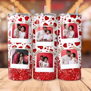 May include: Three stainless steel tumblers with a white background and red glitter hearts. Each tumbler features four photos of a couple in a Polaroid frame.