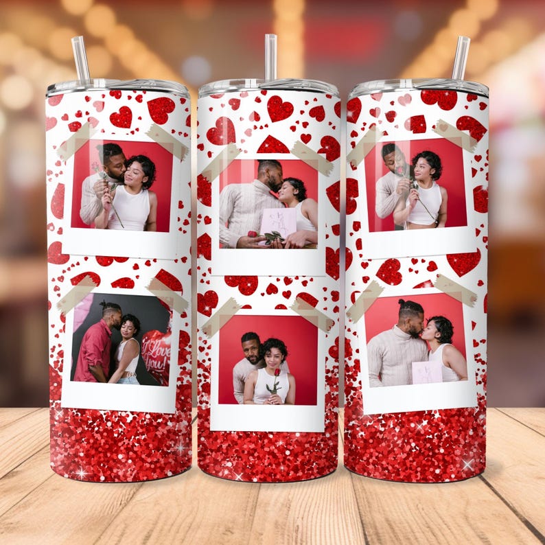 May include: Three stainless steel tumblers with a white background and red glitter hearts. Each tumbler features four photos of a couple in a Polaroid frame.