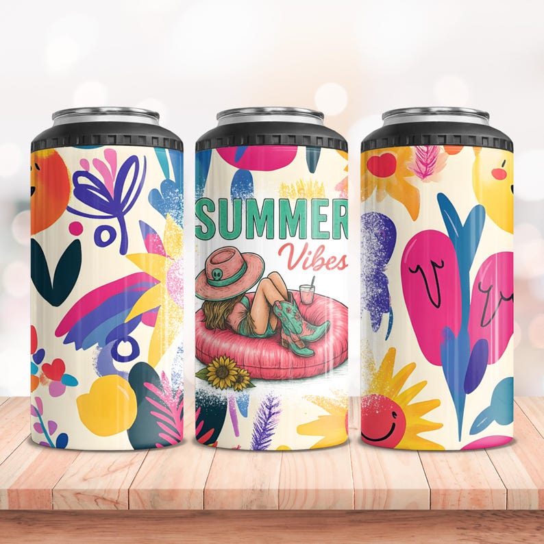Pu&ograve; includere: Tre porta-lattine con parte superiore nera e design colorato. Uno presenta il testo "Summer Vibes" con una donna che si rilassa su un galleggiante. Gli altri due hanno disegni floreali e astratti dai colori vivaci.