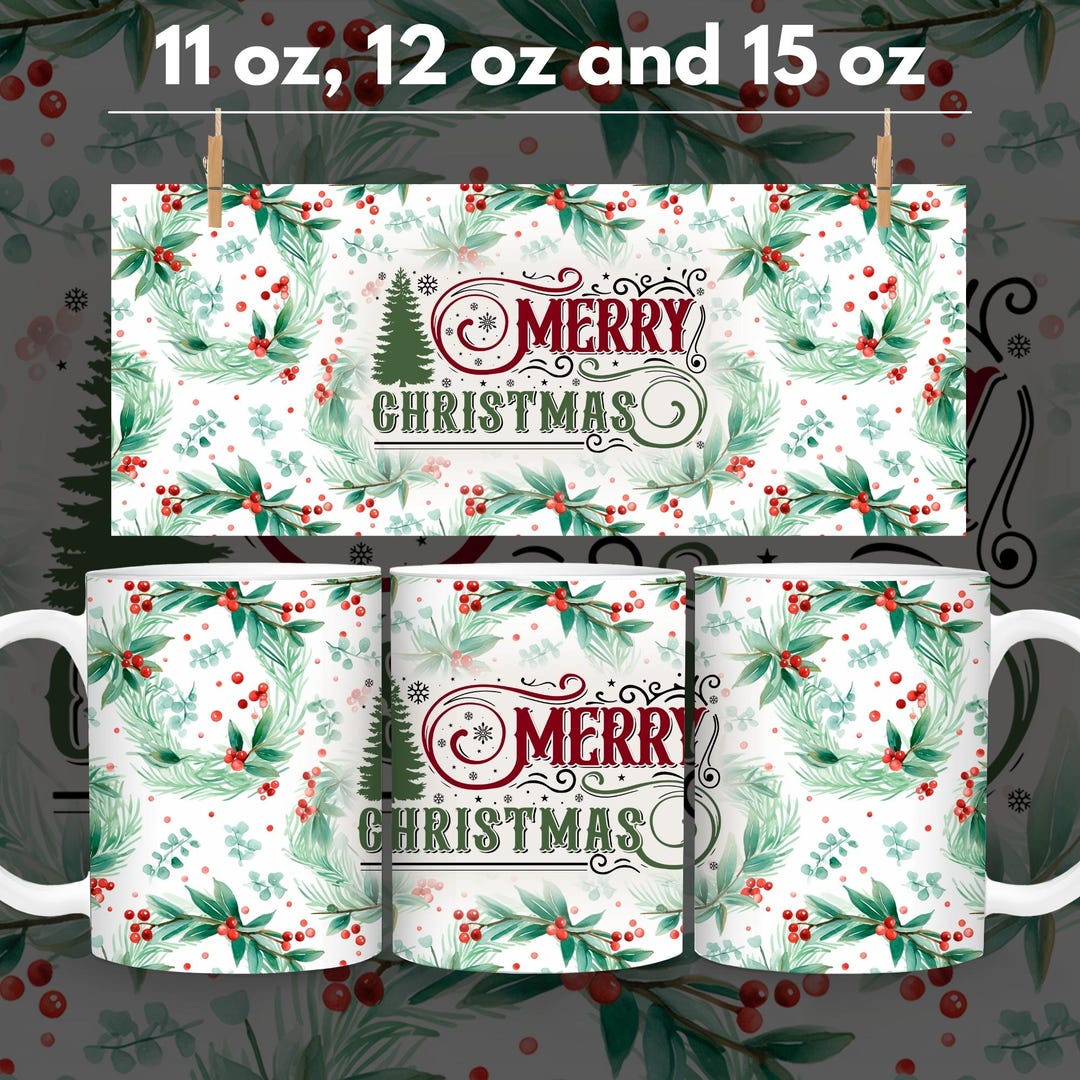 Merry Christmas Mug Wrap Christmas Trees Mug Wrap Sublimation Designs ...