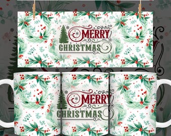Merry Christmas Mug Wrap Christmas Trees Mug Wrap Sublimation Designs PNG, 11oz and 15oz Mug Template Cute Christmas Mug Press Design