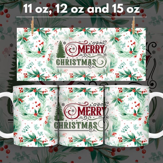 Merry Christmas Mug Wrap Christmas Trees Mug Wrap Sublimation Designs PNG, 11oz and 15oz Mug Template Cute Christmas Mug Press Design