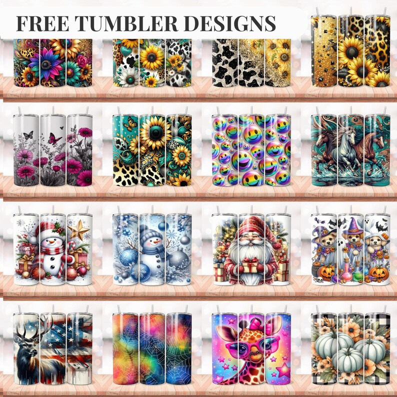 May include: A collection of 12 different designs for tumblers. The designs include a snowman, Santa Claus, a giraffe, pumpkins, sunflowers, a deer, a butterfly, smiley faces, and more.