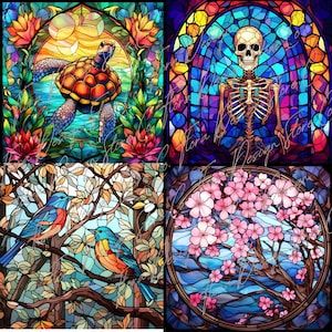 May include: A collage of four stained glass images. The top left image shows a colorful sea turtle swimming in a blue ocean. The top right image shows a colorful skeleton sitting in a stained glass window. The bottom left image shows two colorful birds perched on branches in a tree. The bottom right image shows a colorful tree with pink flowers in a stained glass window.