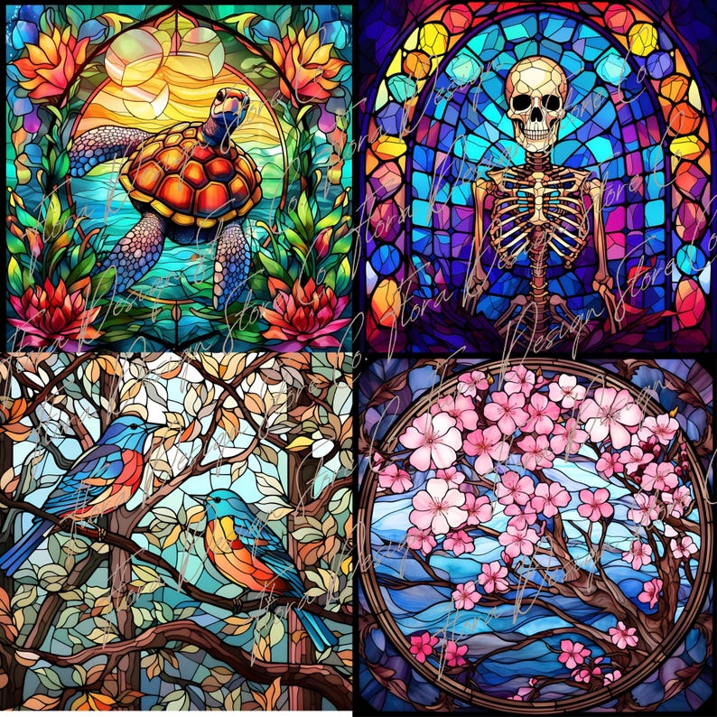 May include: A collage of four stained glass images. The top left image shows a colorful sea turtle swimming in a blue ocean. The top right image shows a colorful skeleton sitting in a stained glass window. The bottom left image shows two colorful birds perched on branches in a tree. The bottom right image shows a colorful tree with pink flowers in a stained glass window.