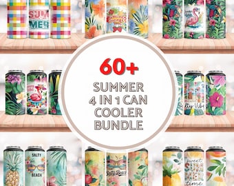 60+ Summer Can Cooler Sublimation Wrap Bundle | 4-in-1 Skinny Tumbler PNG | Tropical Beach Flamingo Pineapple Designs | Digital Download
