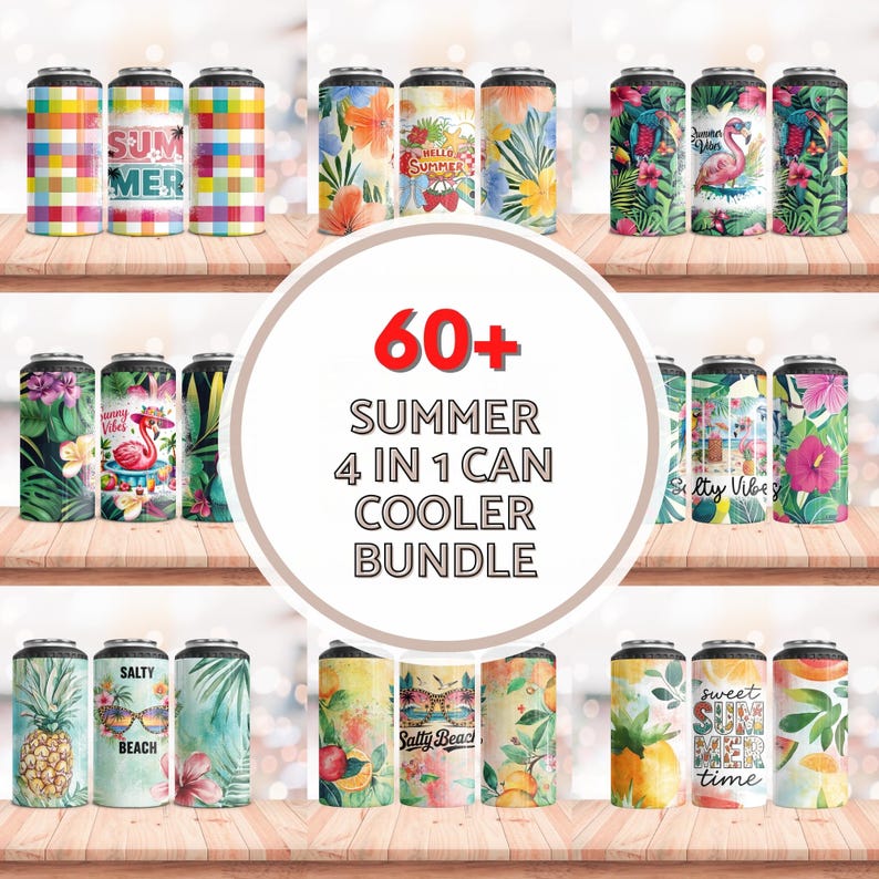 Pu&ograve; includere: Una collezione di refrigeratori per lattine a tema estivo con vari disegni, tra cui motivi floreali, fenicotteri, ananas e il testo "SUMMER", "HELLO SUMMER", "Salty Beach", e "sweet summer time". L'immagine include anche il testo "60+ SUMMER 4 IN 1 CAN COOLER BUNDLE".