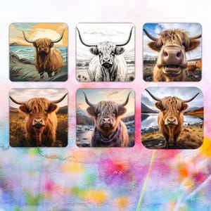 May include: Six square coasters featuring images of Highland cows. The coasters showcase the cows in various settings, including landscapes and close-up portraits. The cows have long, shaggy fur and large horns, with a variety of colors and artistic styles.