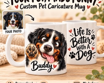 Custom Dog Caricature Mug Wrap PNG From Photo, Personalized Pet Portrait, Funny 11oz 15oz Sublimation, Digital Download