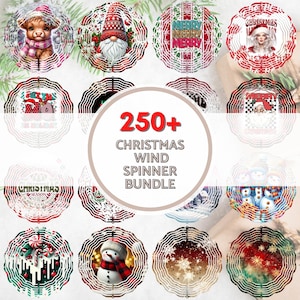 May include: A collection of 250+ Christmas wind spinners featuring various designs, including snowmen, Santa Claus, reindeer, and festive ornaments. The spinners are colorful and have a variety of patterns.