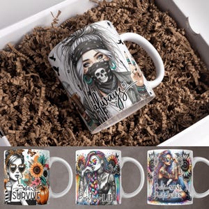 May include: Three white ceramic mugs with colorful designs and text. The first mug features a woman with a skull mask and the text "always". The second mug features a woman with rainbow hair and the text "Positive Life". The third mug features a woman with blue hair and the text "Positive Mind Positive Vibes".