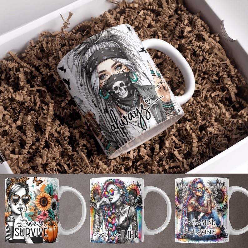 May include: Three white ceramic mugs with colorful designs and text. The first mug features a woman with a skull mask and the text "always". The second mug features a woman with rainbow hair and the text "Positive Life". The third mug features a woman with blue hair and the text "Positive Mind Positive Vibes".