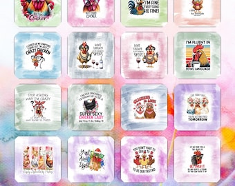 May include: A set of 12 square coasters featuring humorous illustrations of chickens with witty sayings. The coasters are printed on a white background with a watercolor-like effect. Some of the sayings include "Not Today Clucker", "I'm Fluent in Fowl Language", and "You're Getting Fried Tomorrow".