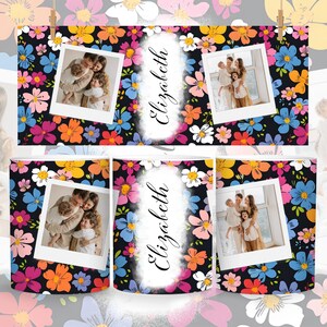 May include: A set of three white mugs with a black background and colorful floral pattern. Each mug features a photo of a family and the name "Elizabeth" written in white.
