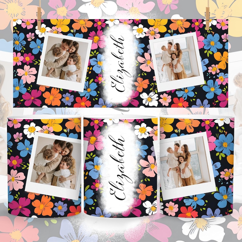 May include: A set of three white mugs with a black background and colorful floral pattern. Each mug features a photo of a family and the name "Elizabeth" written in white.