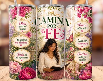 Spanish Faith Tumbler Wrap, Christian Floral Mujer de Fe Design, Inspirational 20oz Skinny Sublimation PNG