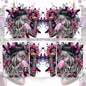 May include: White ceramic mug with a colorful design featuring a woman with pink hair, butterflies, and flowers. The text "I'M LIMITED edition" is printed on the mug.