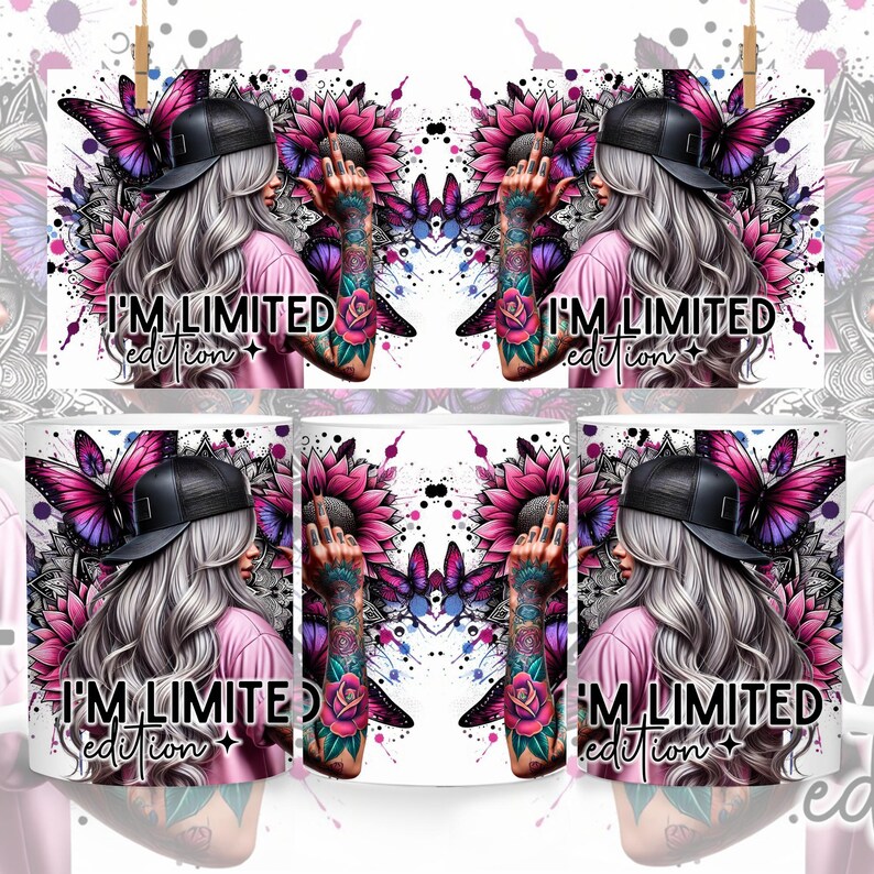 May include: White ceramic mug with a colorful design featuring a woman with pink hair, butterflies, and flowers. The text "I'M LIMITED edition" is printed on the mug.