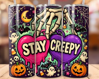 Stay Creepy Halloween Tumbler Wrap PNG, Cute Spooky Ghost 20oz Skinny Tumbler Sublimation, Skeleton Pumpkin Halloween Digital Download