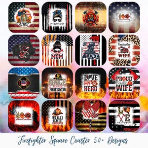 Puede incluir: Una colección de posavasos cuadrados con varios diseños temáticos de bomberos. Los posavasos presentan banderas americanas, símbolos de bomberos y texto como "LOVE", "WIFE" y "PROUD". Los posavasos son rojos, blancos, azules y negros.