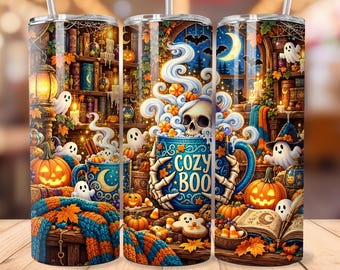 Cozy Halloween Tumbler Wrap PNG, Cozy Boo 20oz Skinny Tumbler Design, Cute Ghost Pumpkin Sublimation, Spooky Season Digital Download