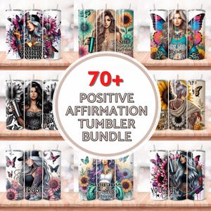 Pode incluir: Um conjunto de mais de 70 designs de copos com afirmações positivas que apresentam padrões florais coloridos, citações inspiradoras e imagens de mulheres. Os copos são perfeitos para adicionar um toque pessoal à sua rotina diária.