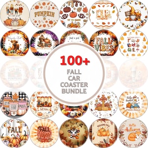 Peut inclure: Un ensemble de plus de 100 dessous de verre pour voiture sur le thème de l'automne. Les dessous de verre présentent divers motifs, notamment des citrouilles, des feuilles d'automne et du texte comme "Fall Vibes" et "Welcome Fall".
