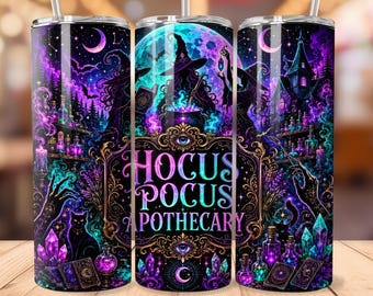 Hocus Pocus Apothecary Tumbler, Witchy Halloween 20oz Skinny Tumbler, Gothic Witch Crystal Tumbler, Spooky Season Gift for Her