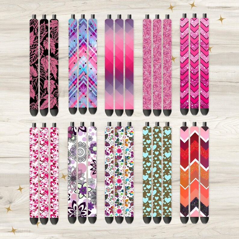 May include: Set of 12 colorful patterned pen sleeves. The sleeves are made of a durable material and feature a variety of designs, including hearts, flowers, geometric patterns, and glitter.