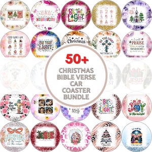 Pode incluir: Uma coleção de mais de 50 porta-copos de carro com versículos bíblicos de Natal. Os porta-copos apresentam vários designs com temas religiosos, incluindo cruzes, igrejas e citações inspiradoras. Os porta-copos são redondos e coloridos.