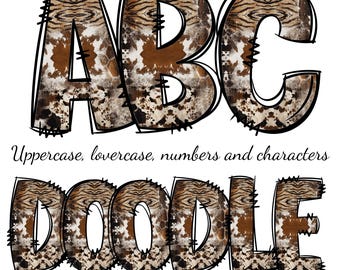 May include: A graphic design featuring the letters ABC and the word DOODLE in a brown and black animal print. The letters are outlined in black and have a stitched look.