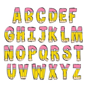 Pacote de letras Doodle de volta às aulas, letras Doodle de professor de lápis, números desenhados à mão e conjunto de Doodle de alfabeto PNG Lápis e papel Alfabeto