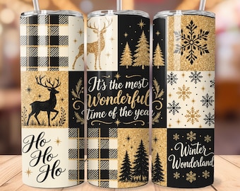 Black Gold Christmas Tumbler Wrap PNG, Elegant Christmas Patchwork 20oz Skinny Tumbler Design, Buffalo Plaid Reindeer Sublimation, Download