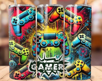 Gaming Tumbler Wrap, Video Game Tumbler Wrap, Gamer Fuel Sublimation PNG, 20oz Skinny Tumbler Design, PC Gaming Gear Digital Download