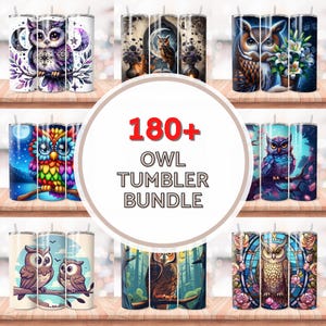 May include: A set of 180+ owl tumbler designs. The tumblers feature a variety of owl illustrations, including colorful, cartoonish, and realistic styles. The designs are perfect for creating custom tumblers for any occasion.