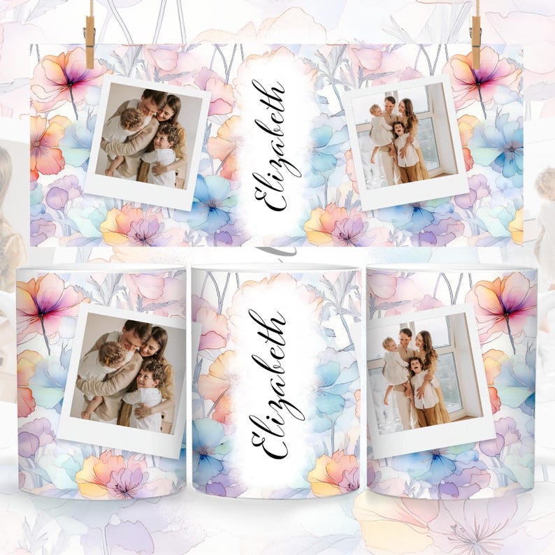 May include: Two white mugs with a watercolor floral design featuring pastel pink, blue, and yellow flowers. Each mug has a photo of a family with a child and the name "elizabeth" written in cursive.