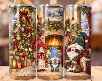 Christmas Gnomes Tumbler Wrap PNG, Cozy Fireplace Christmas 20oz Skinny Tumbler Design, Rustic Holiday Sublimation, Winter Digital Download