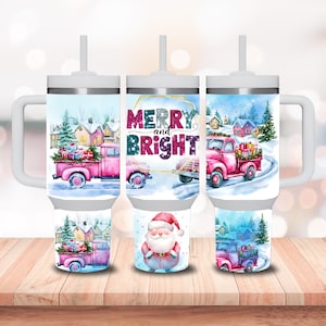 Merry and bright 40oz Quencher tumbler Sublimation design, Christmas Santa Coquette Bow Glitter PNG Wrap, 40oz Sublimation Digital download