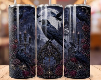 Gothic Raven Tumbler Wrap PNG, Dark Raven Moon 20oz Skinny Tumbler Sublimation, Gothic Rose Halloween Digital Download