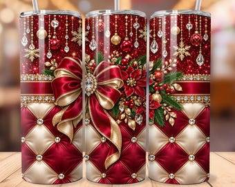 20oz Skinny Tumbler Wrap: Elegant Christmas Bow PNG, 9.3 x 8.2" Sublimation