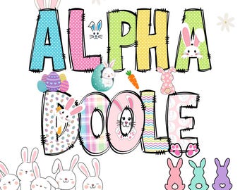 Easter Alphabet Doodle Letters PNG Bundle, Easter Bunny Alphabet, Easter sublimation Alpha Set, Easter letters, Alpha Bundle & Accessories