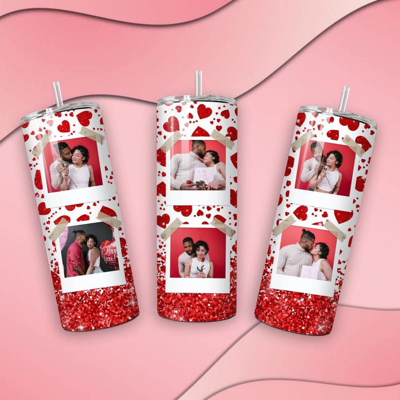 Valentine tumbler wrap, Photo Red Glitter Hearts Tumbler, Love Valentines Day 20oz Skinny Tumbler Tapered, Straight Sublimation Wrap image 3