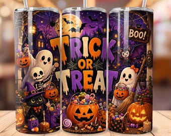 Trick or Treat Tumbler Wrap, Cute Ghost Halloween 20oz Skinny Tumbler PNG, Pumpkin Black Cat Sublimation Design, Spooky Digital Download