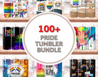 May include: A collection of over 100 pride-themed tumblers featuring a variety of designs and slogans. The tumblers are in a range of colours, including rainbow, black, white, and blue. Some of the slogans include "Love is Love", "Pride Month", "Stop Homo Phobia", and "Being Gay is Like Glitter".